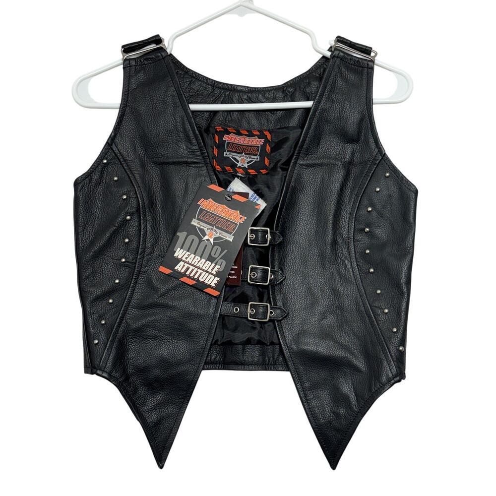 Interstate Leather Vest Womens Small Black Studded Lamb Leather 3-Buckle Biker
